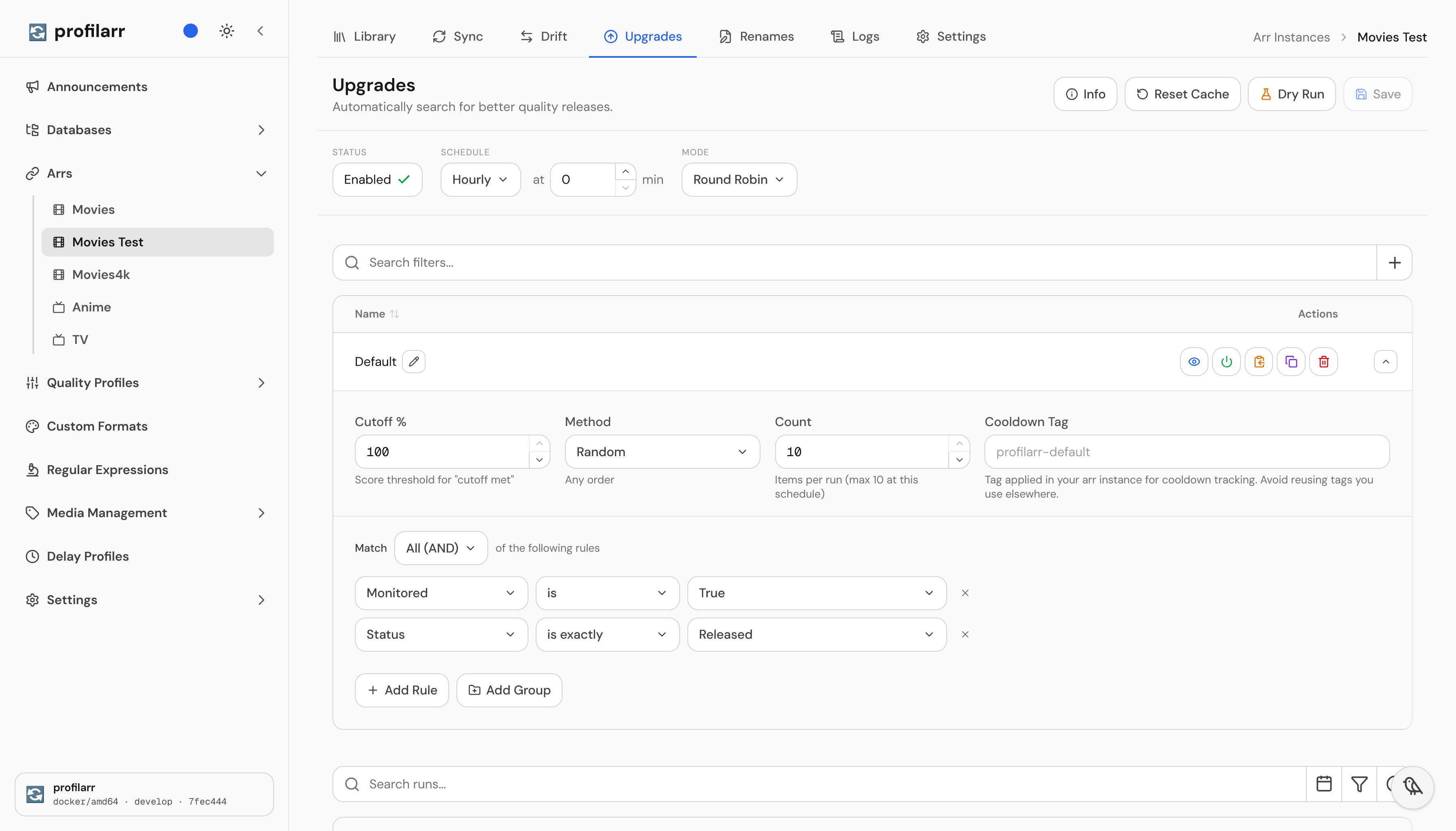 Profilarr's Upgrades page with upgrades enabled hourly and a default filter selecting ten monitored, released movies at random